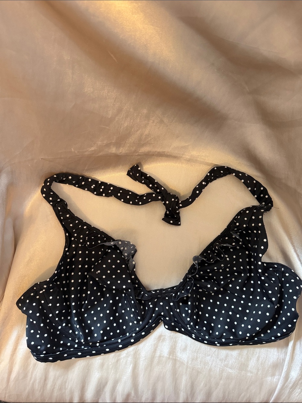 Polka Dot Black Ruffle Underwire Bikini Halter Swim Top